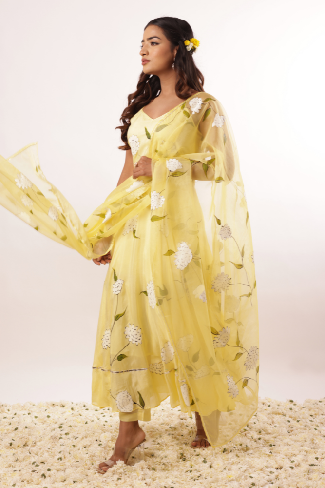 Handpainted Lime Yellow Modal Silk Anarkali Set with Organza Dupatta