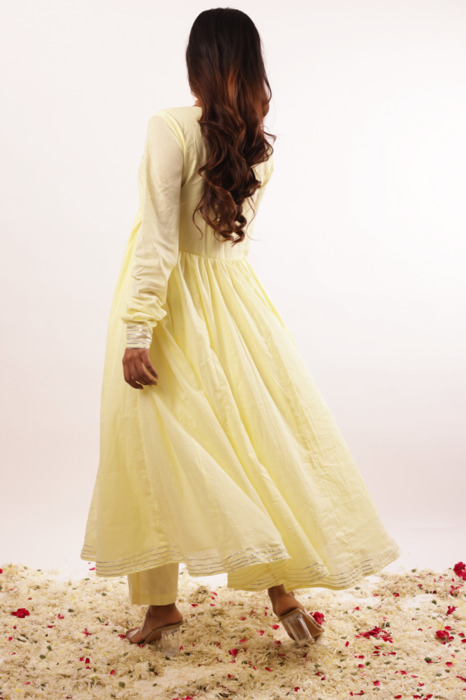 Handpainted Lime Yellow Mulmul Anarkali Kurta Set with Cotton Pants and Handpainted Dupatta