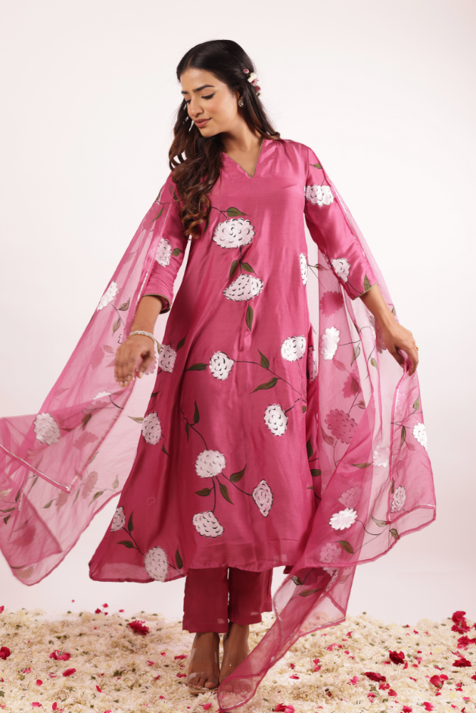 Handpainted Cherry Modal Silk A-Line Kurta Set with Lace-Detailed Organza Dupatta