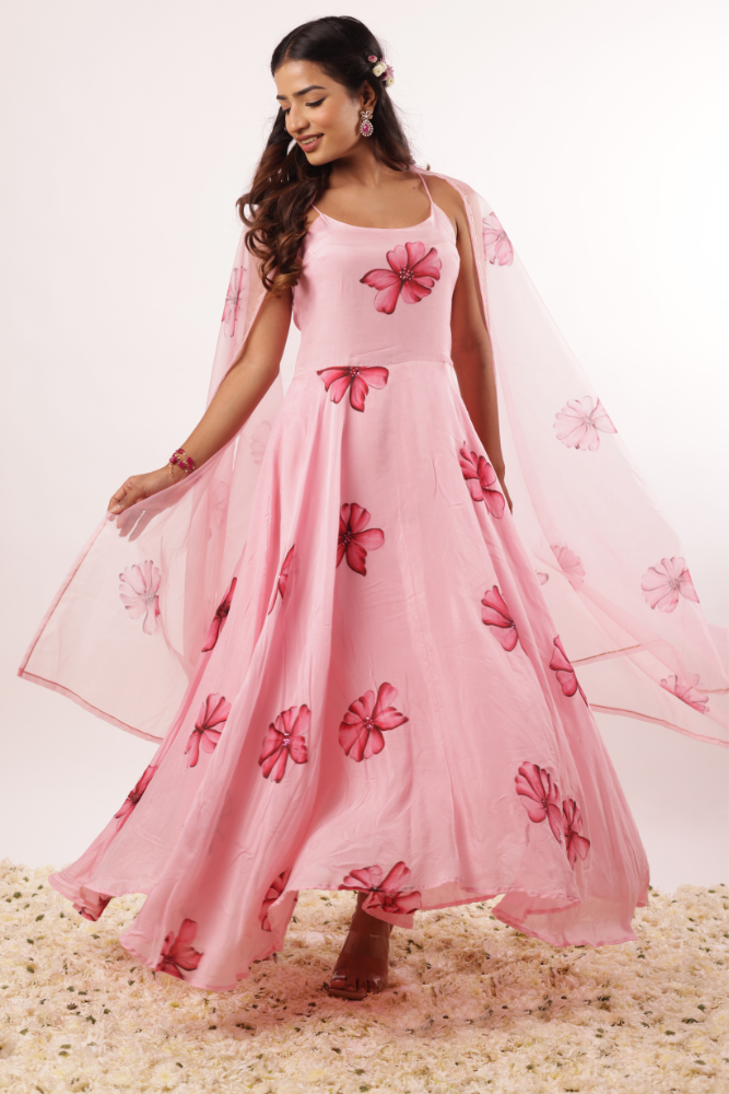 Handpainted Blush Pink Modal Silk Anarkali Set with Handwork Motifs and Organza Dupatta