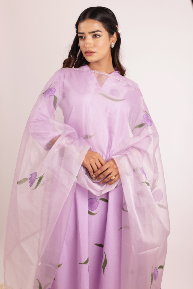 Handpainted Lavender Cotton A-Line Kurta Set with Organza Dupatta