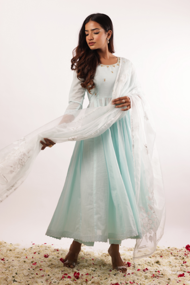 Mint Blue Anarkali Kurta Set with Handwork on Neck, Cotton Pants, and Handpainted Dupatta