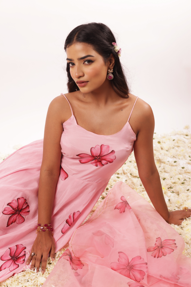 Handpainted Blush Pink Modal Silk Anarkali Set with Handwork Motifs and Organza Dupatta