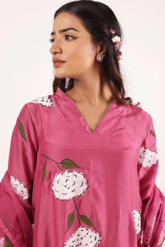 Handpainted Cherry Modal Silk A-Line Kurta Set with Lace-Detailed Organza Dupatta