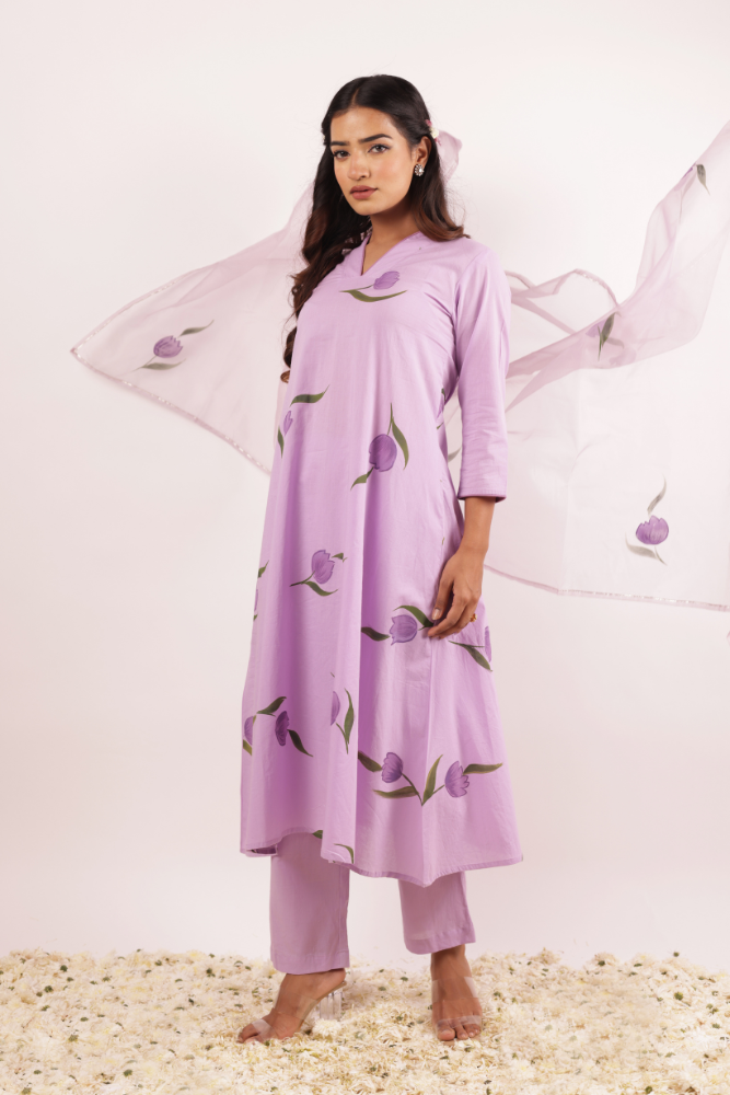 Handpainted Lavender Cotton A-Line Kurta Set with Organza Dupatta