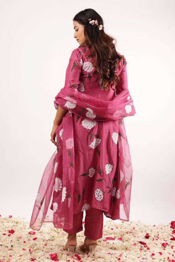 Handpainted Cherry Modal Silk A-Line Kurta Set with Lace-Detailed Organza Dupatta