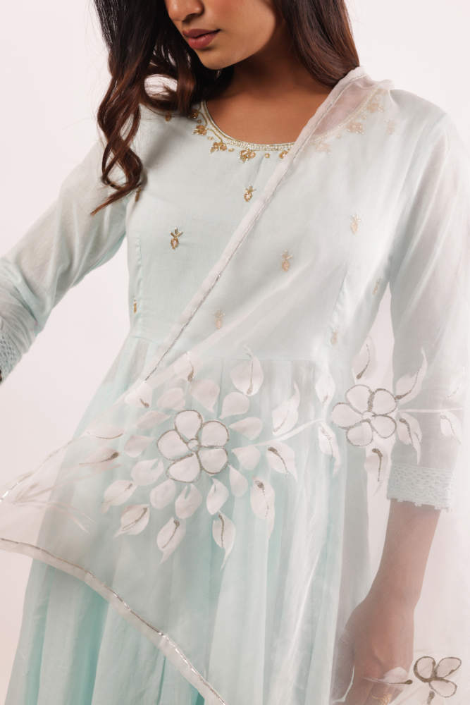 Mint Blue Anarkali Kurta Set with Handwork on Neck, Cotton Pants, and Handpainted Dupatta