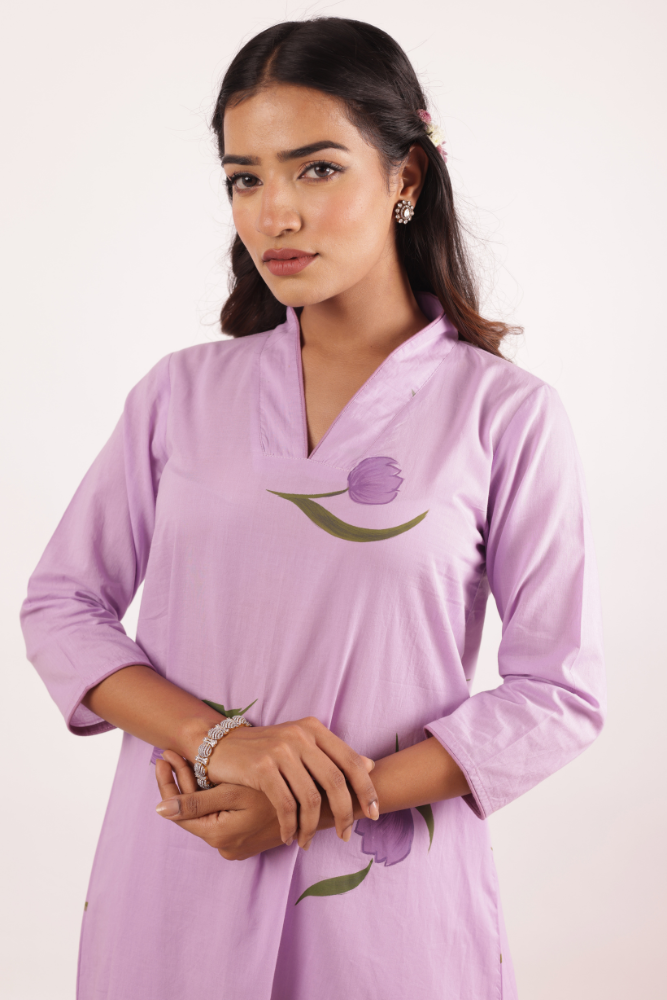 Handpainted Lavender Cotton A-Line Kurta Set with Organza Dupatta