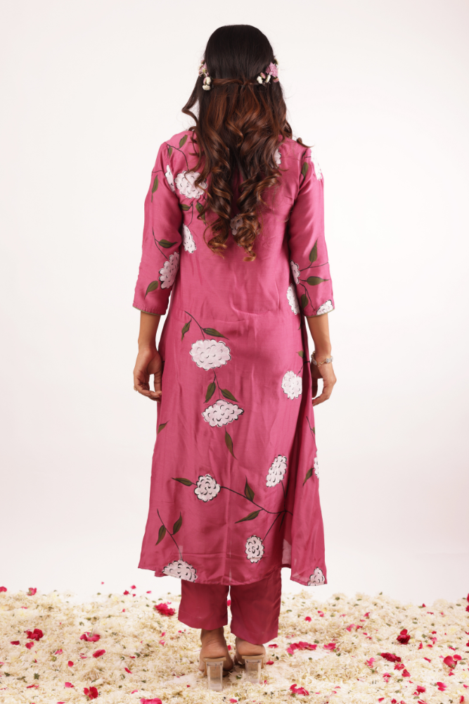 Handpainted Cherry Modal Silk A-Line Kurta Set with Lace-Detailed Organza Dupatta