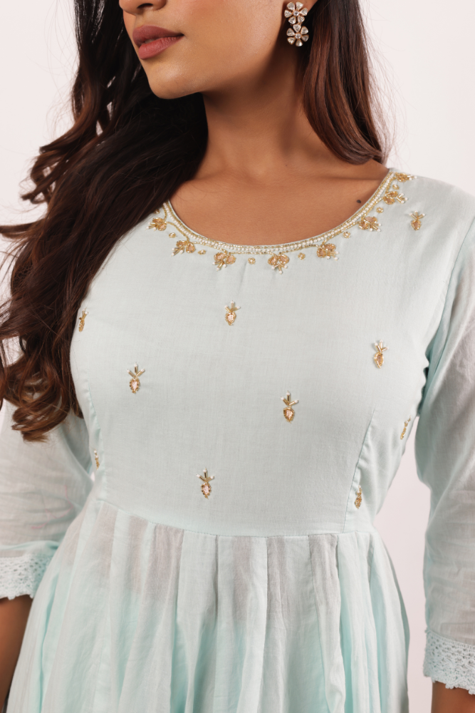 Mint Blue Anarkali Kurta Set with Handwork on Neck, Cotton Pants, and Handpainted Dupatta