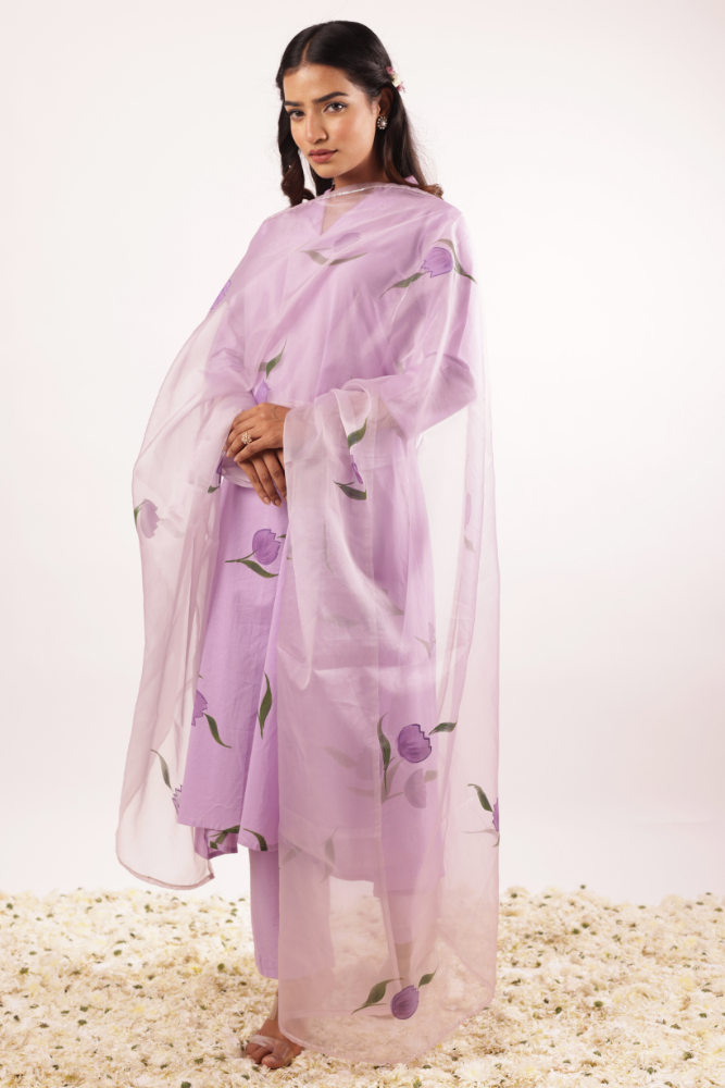 Handpainted Lavender Cotton A-Line Kurta Set with Organza Dupatta