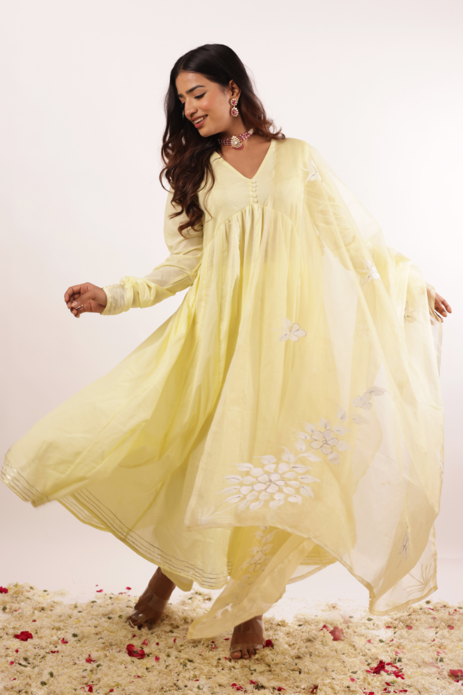 Handpainted Lime Yellow Mulmul Anarkali Kurta Set with Cotton Pants and Handpainted Dupatta