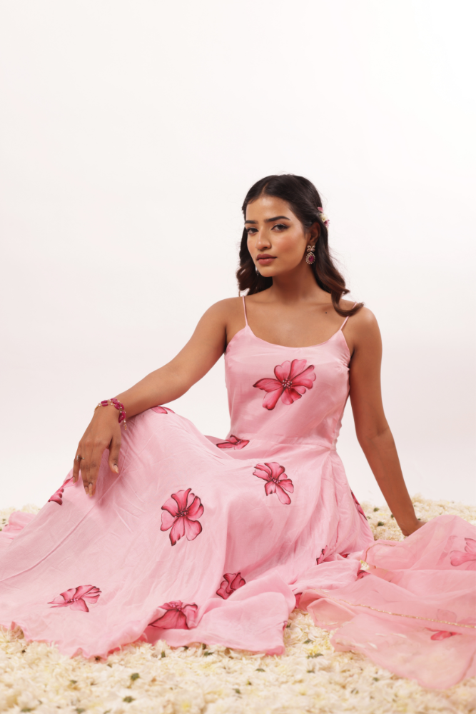 Handpainted Blush Pink Modal Silk Anarkali Set with Handwork Motifs and Organza Dupatta