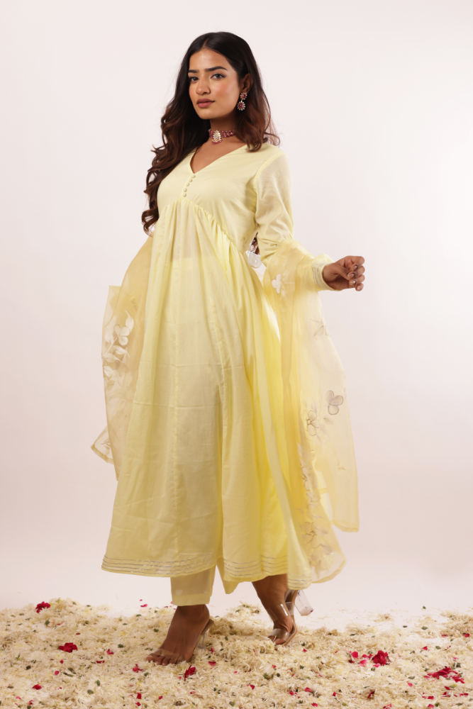 Handpainted Lime Yellow Mulmul Anarkali Kurta Set with Cotton Pants and Handpainted Dupatta