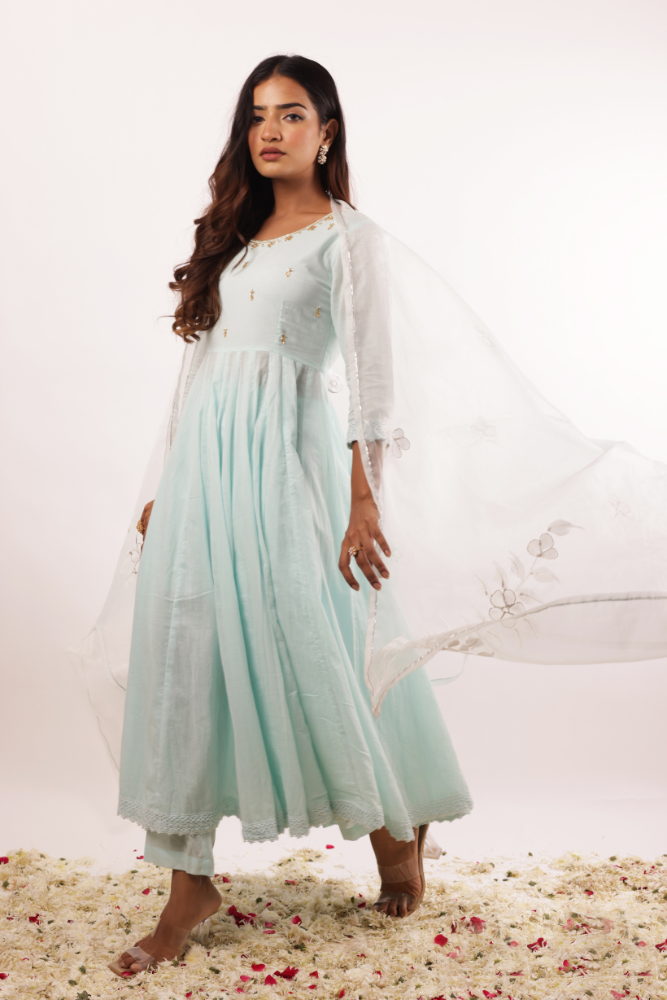 Mint Blue Anarkali Kurta Set with Handwork on Neck, Cotton Pants, and Handpainted Dupatta