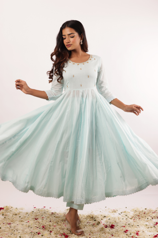 Mint Blue Anarkali Kurta Set with Handwork on Neck, Cotton Pants, and Handpainted Dupatta