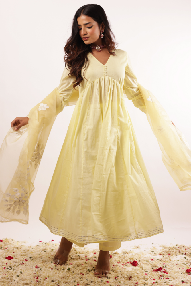 Handpainted Lime Yellow Mulmul Anarkali Kurta Set with Cotton Pants and Handpainted Dupatta