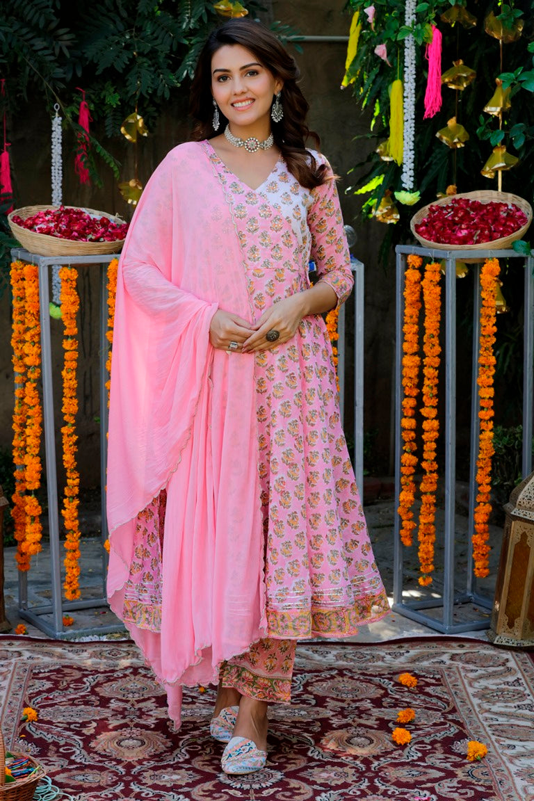 White & Pink Handblock Chanderi Suit Set