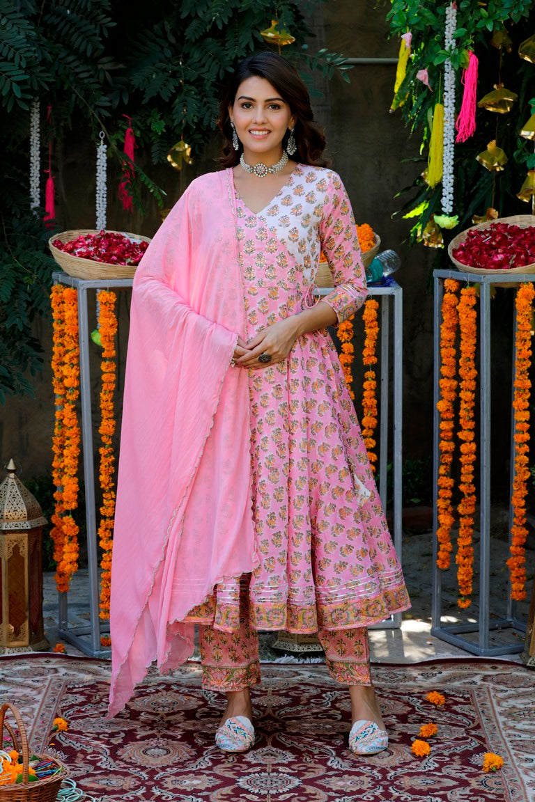 White & Pink Handblock Chanderi Suit Set