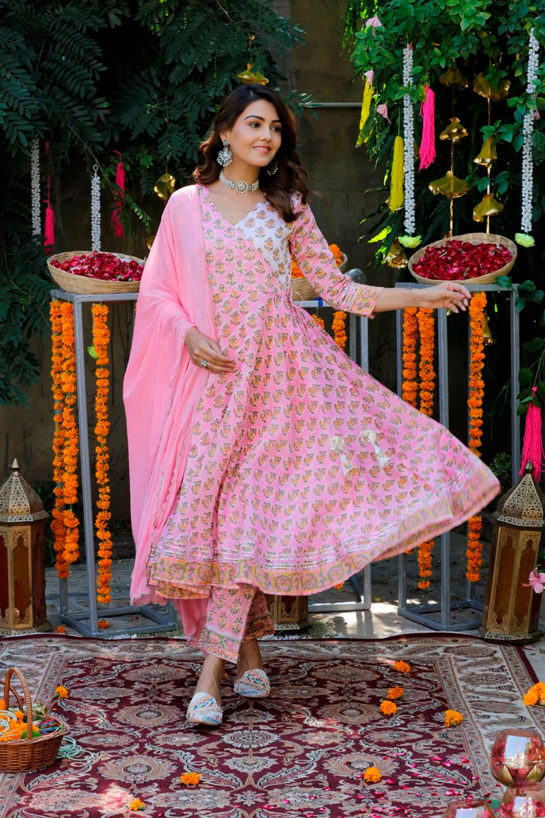 White & Pink Handblock Chanderi Suit Set