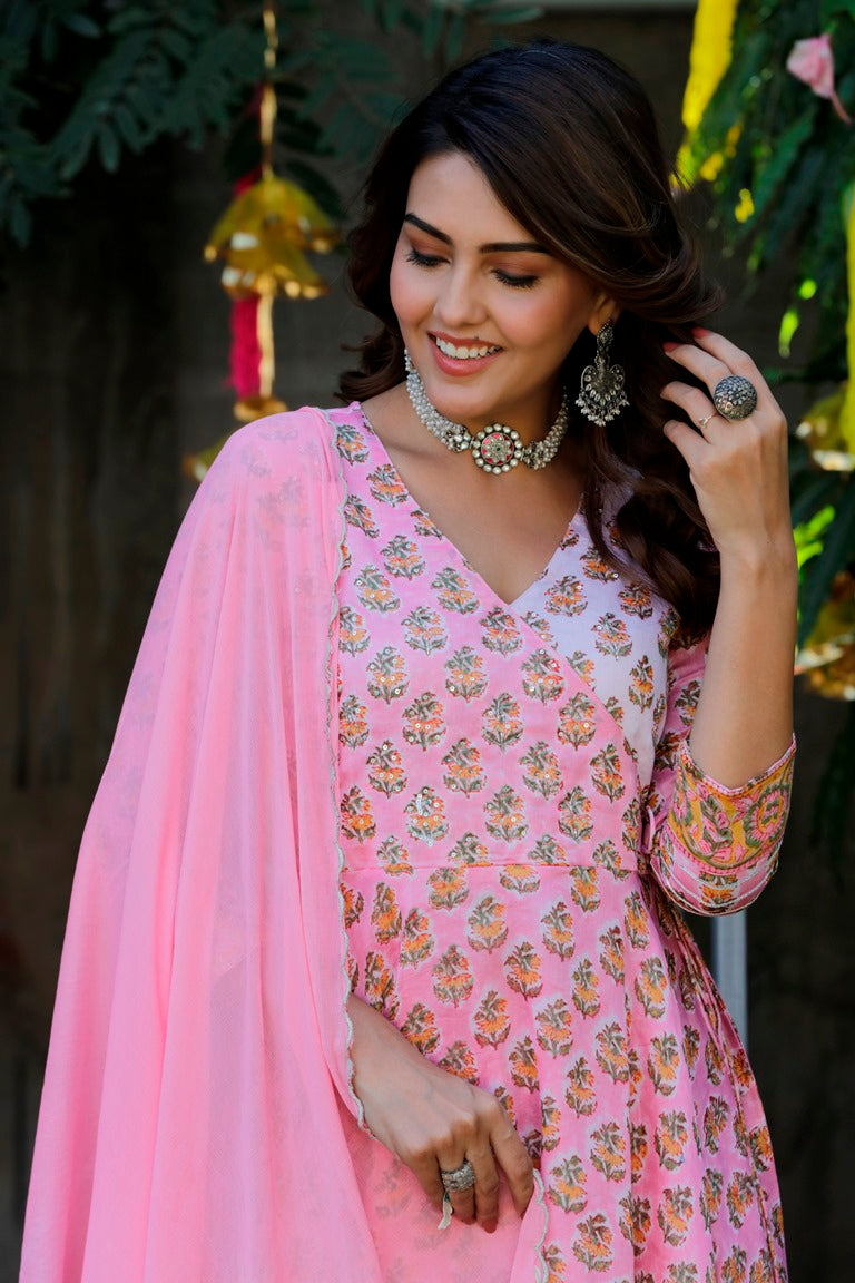 White & Pink Handblock Chanderi Suit Set