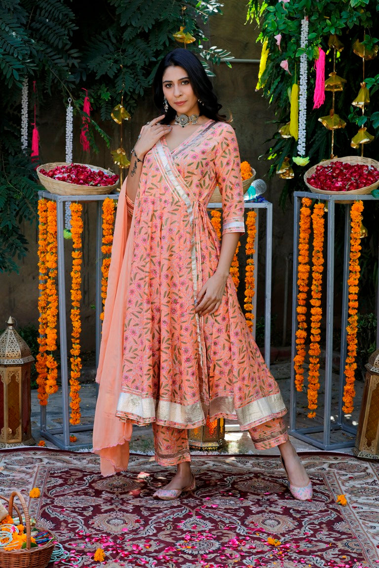 Peach Orange Angrakha Gota Patti  Suit set