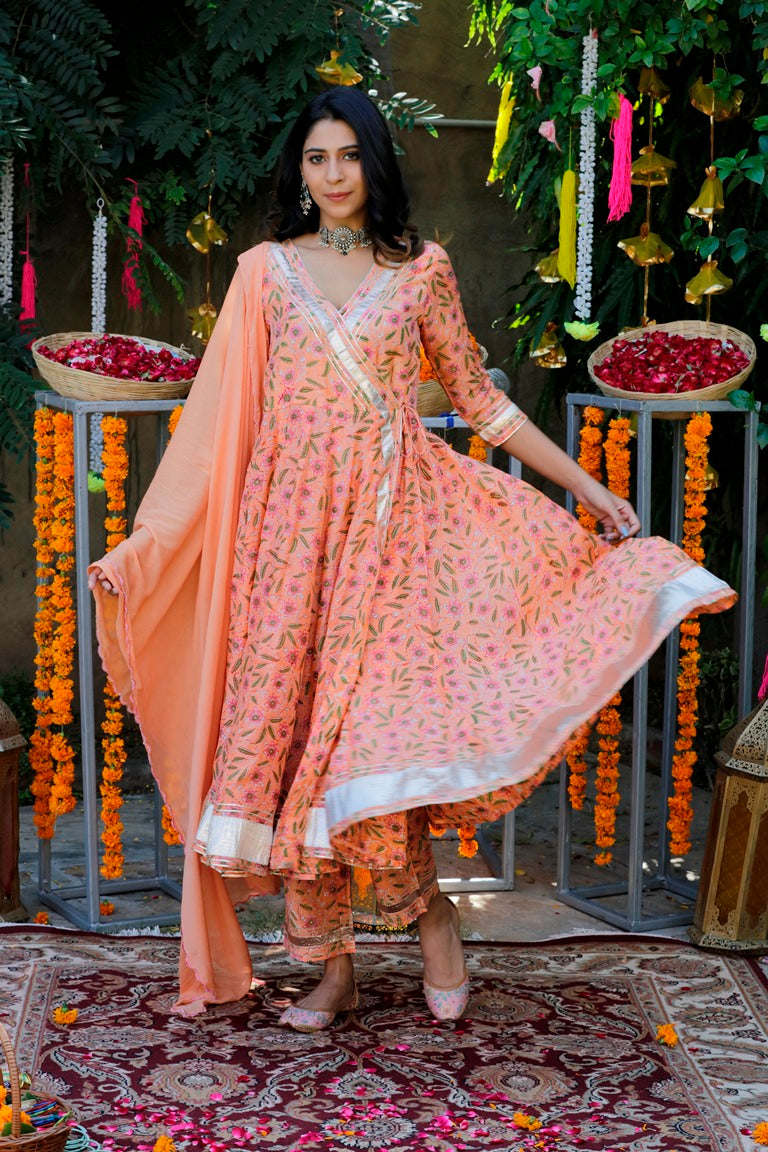 Peach Orange Angrakha Gota Patti  Suit set