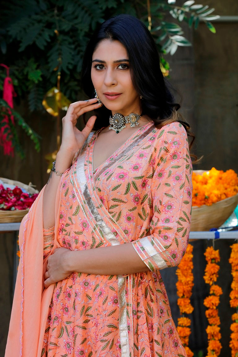 Peach Orange Angrakha Gota Patti  Suit set