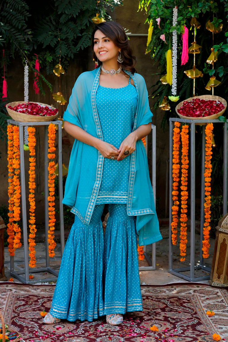 Teal Blue Strappy Sharara Set