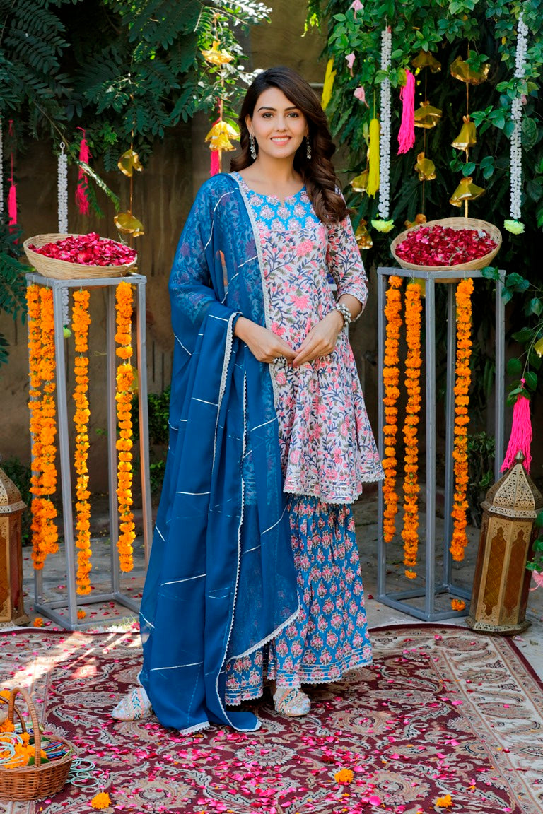 White & Blue Handblock Sharara Set