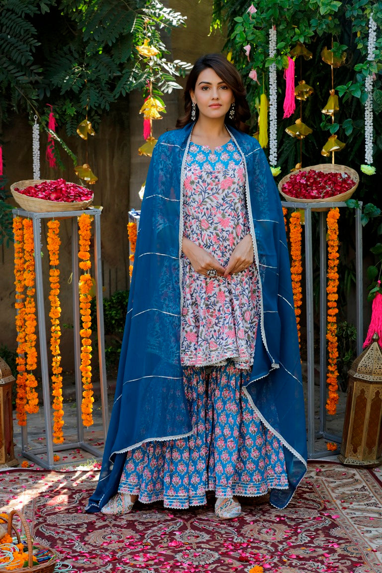 White & Blue Handblock Sharara Set