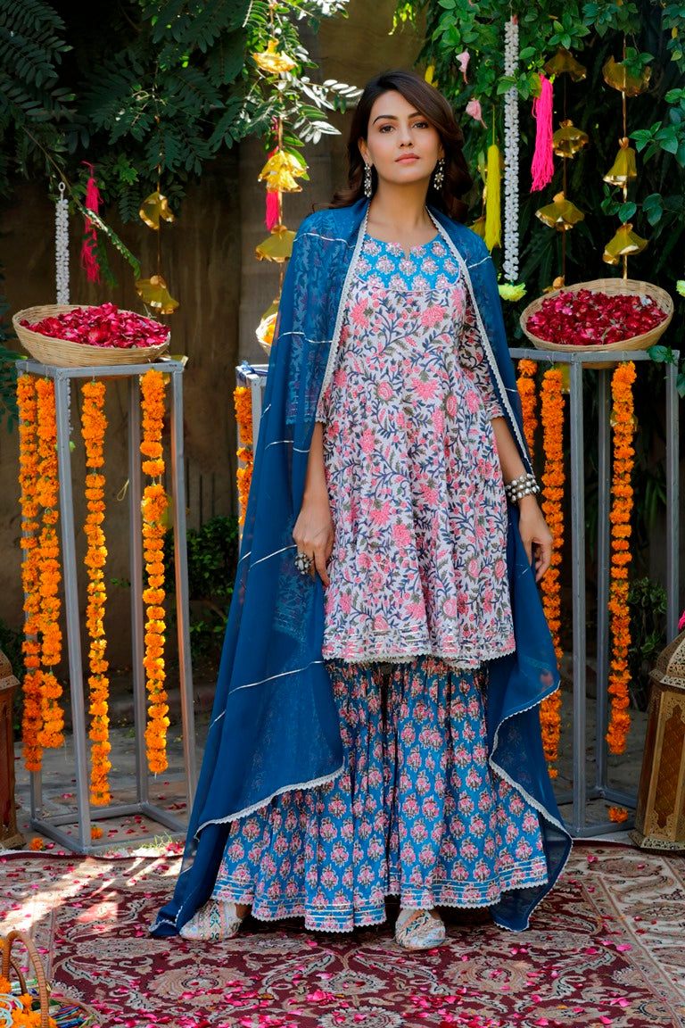 White & Blue Handblock Sharara Set