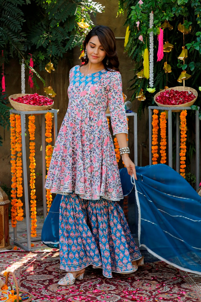 White & Blue Handblock Sharara Set