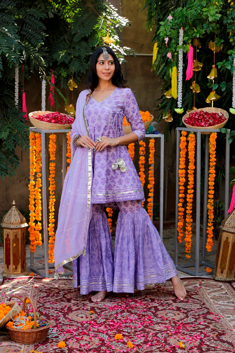 Lilac Cotton Handblock Sharara Set