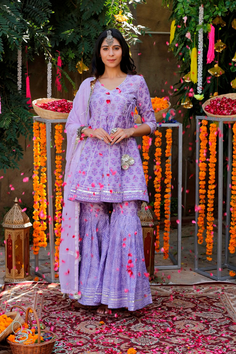 Lilac Cotton Handblock Sharara Set