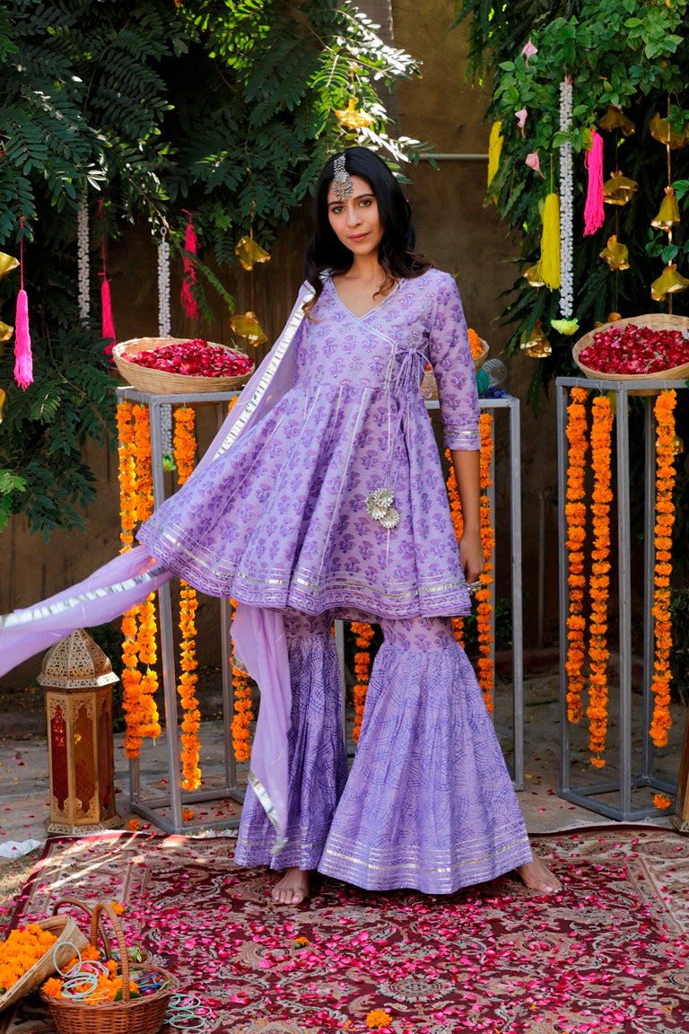 Lilac Cotton Handblock Sharara Set