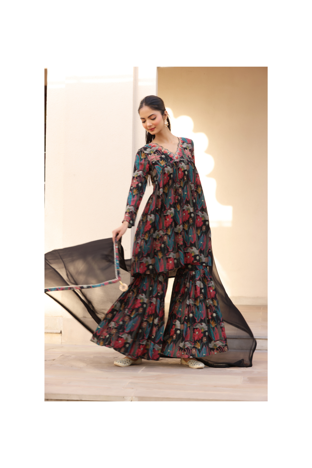 Heer Black Floral Printed Sharara Set