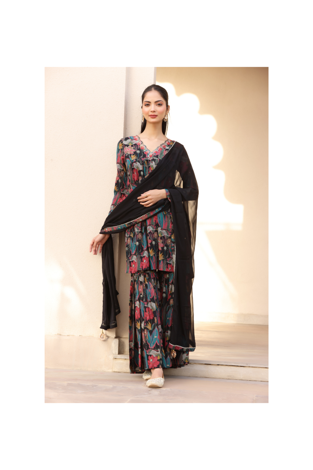 Heer Black Floral Printed Sharara Set