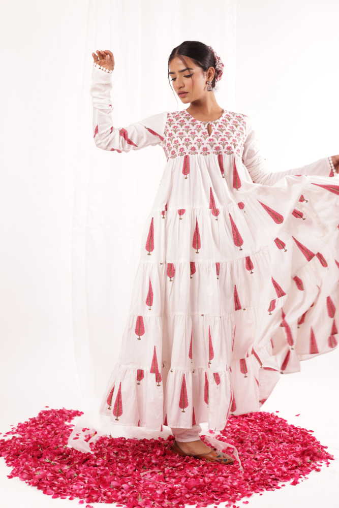 White & Pink Mughal block printed Anarkali set