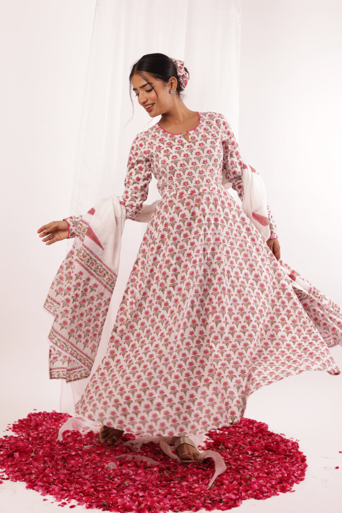 Pink booti printed anarkali set with chooridar and printed dupatta