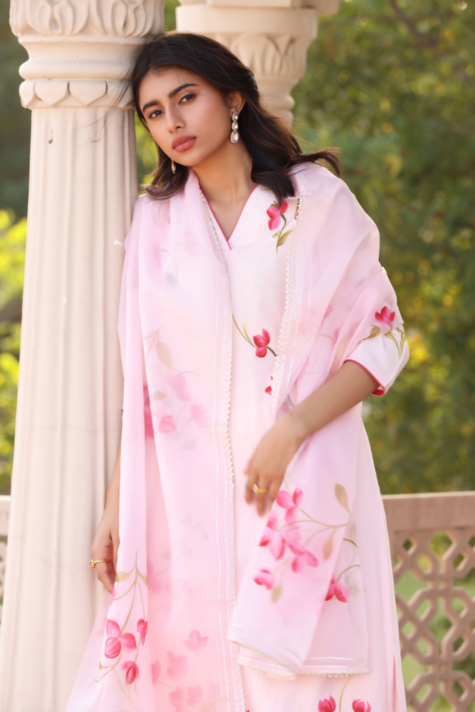 Pink Bougainvillea Handpainted Suit Set