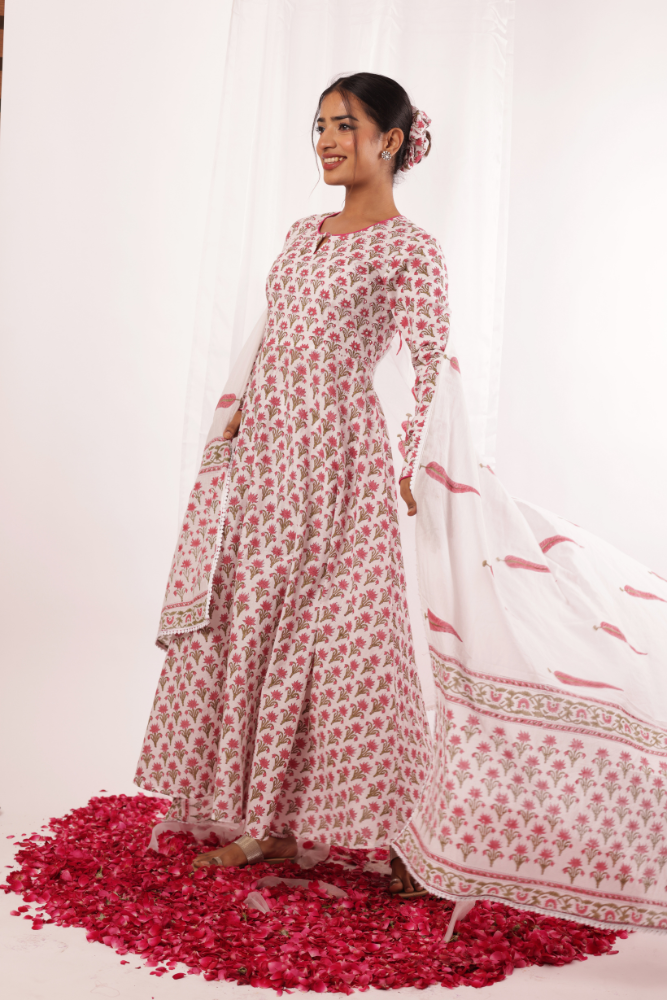 Pink booti printed anarkali set with chooridar and printed dupatta