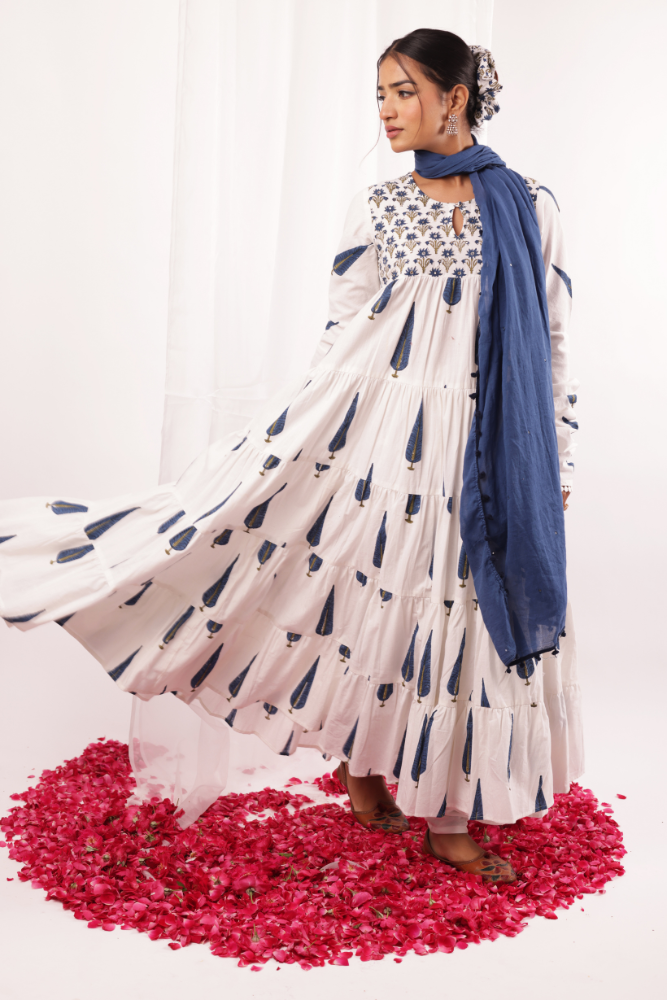 White & Blue Mughal block printed Anarkali set