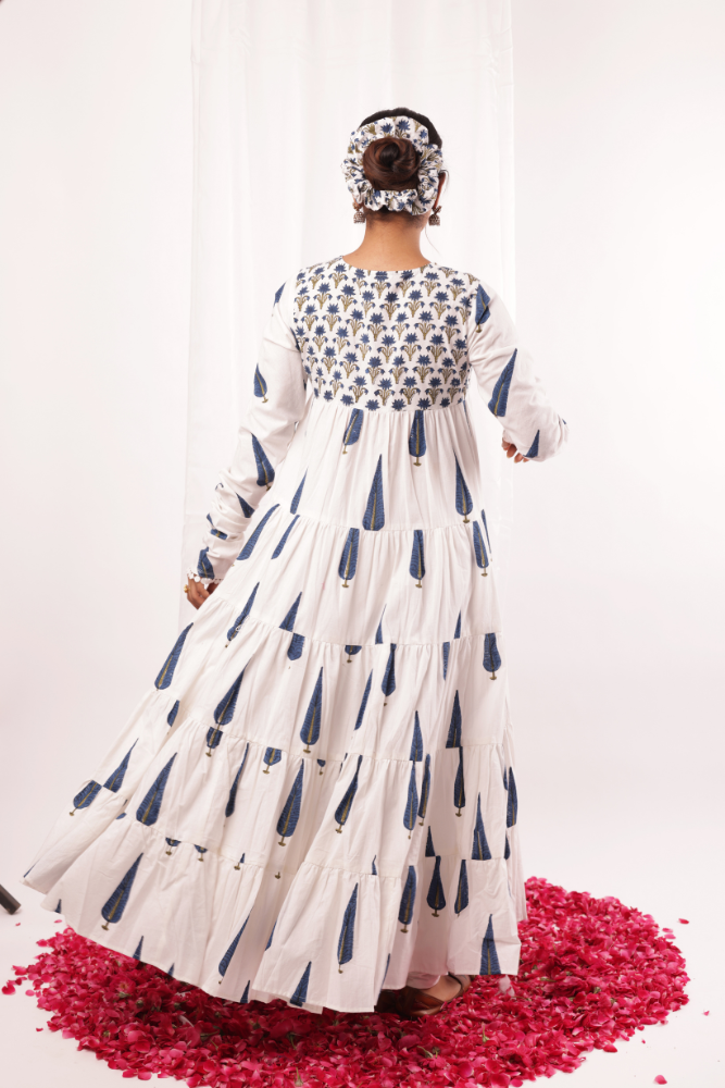 White & Blue Mughal block printed Anarkali set