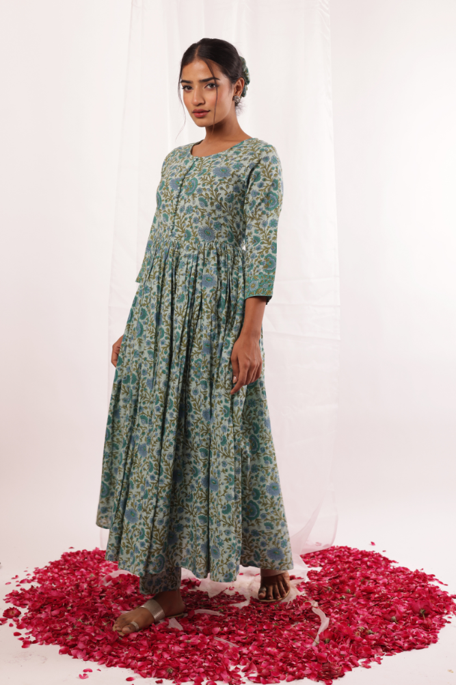 Sea green & Blue Handblock Printed Anarkali set