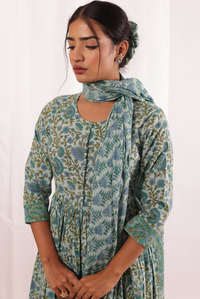 Sea green & Blue Handblock Printed Anarkali set