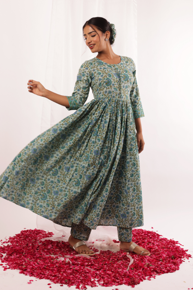 Sea green & Blue Handblock Printed Anarkali set