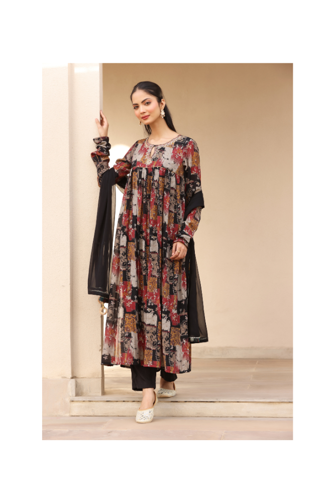 Heer Black Printed Anarkali Suit set