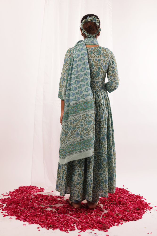 Sea green & Blue Handblock Printed Anarkali set