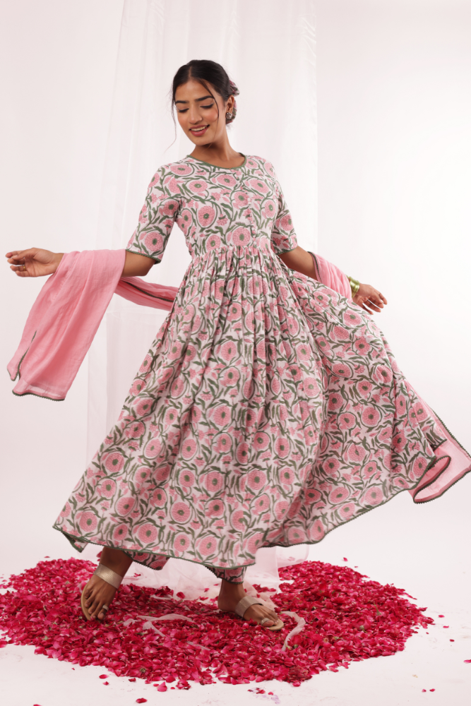 Pink & Green floral Jaal printed Anarkali set